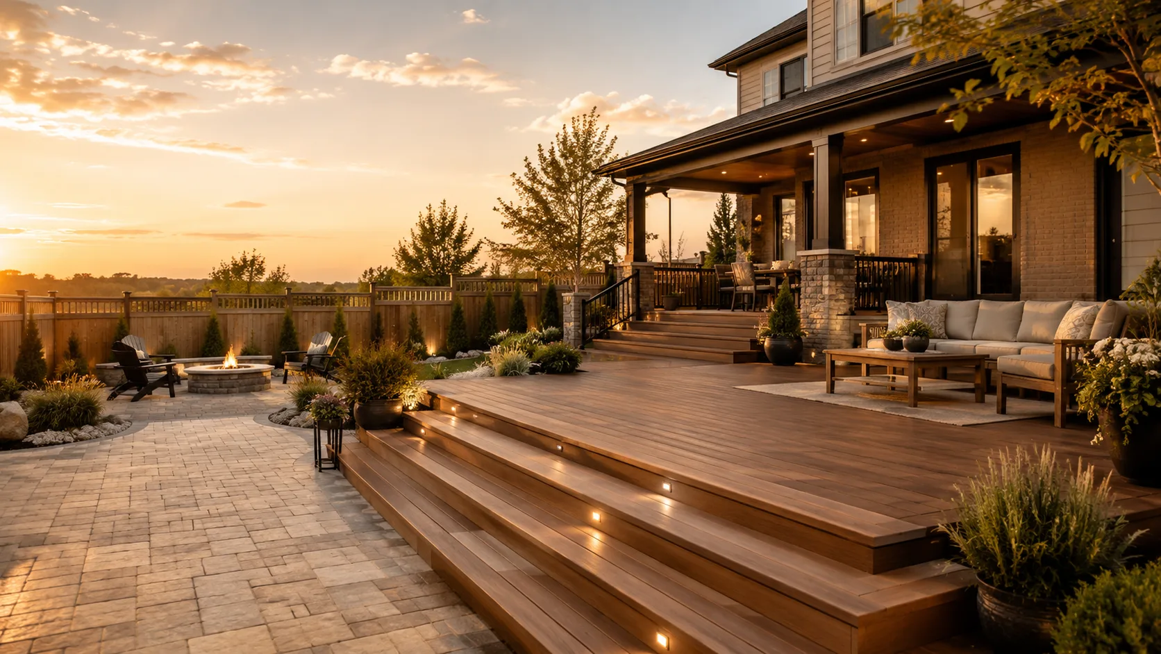 A custom Ottawa backyard at golden hour: a multi-level deck with step lighting, a covered porch, an interlock patio and a fire pit