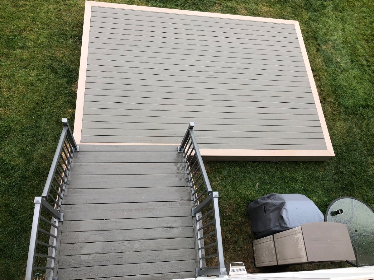 Grey composite deck with a contrasting border seen from above