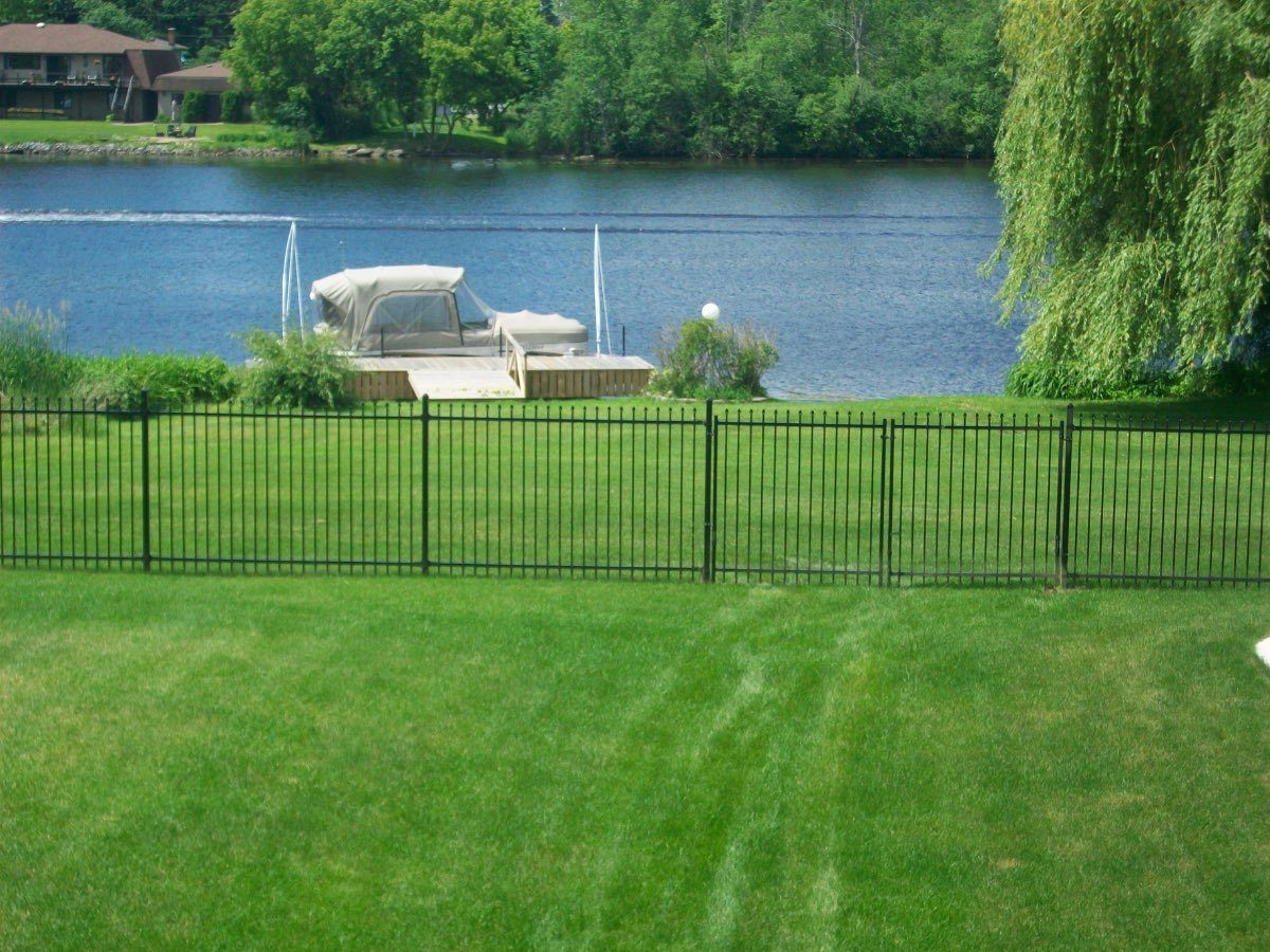 Black aluminium picket fence enclosing a waterfront lawn, the style used around pools for safety-code compliance